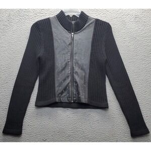 Womens Knit Jacket S Black Leather Panel Grommet Long Sleeve Mock Neck Full Zip